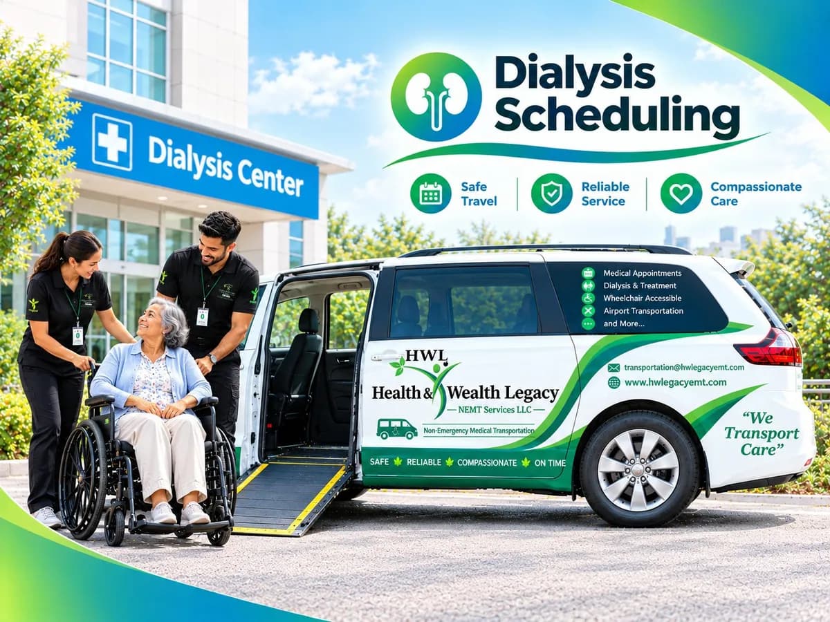 A Health & Wealth Legacy van waiting at the entrance of a dialysis center