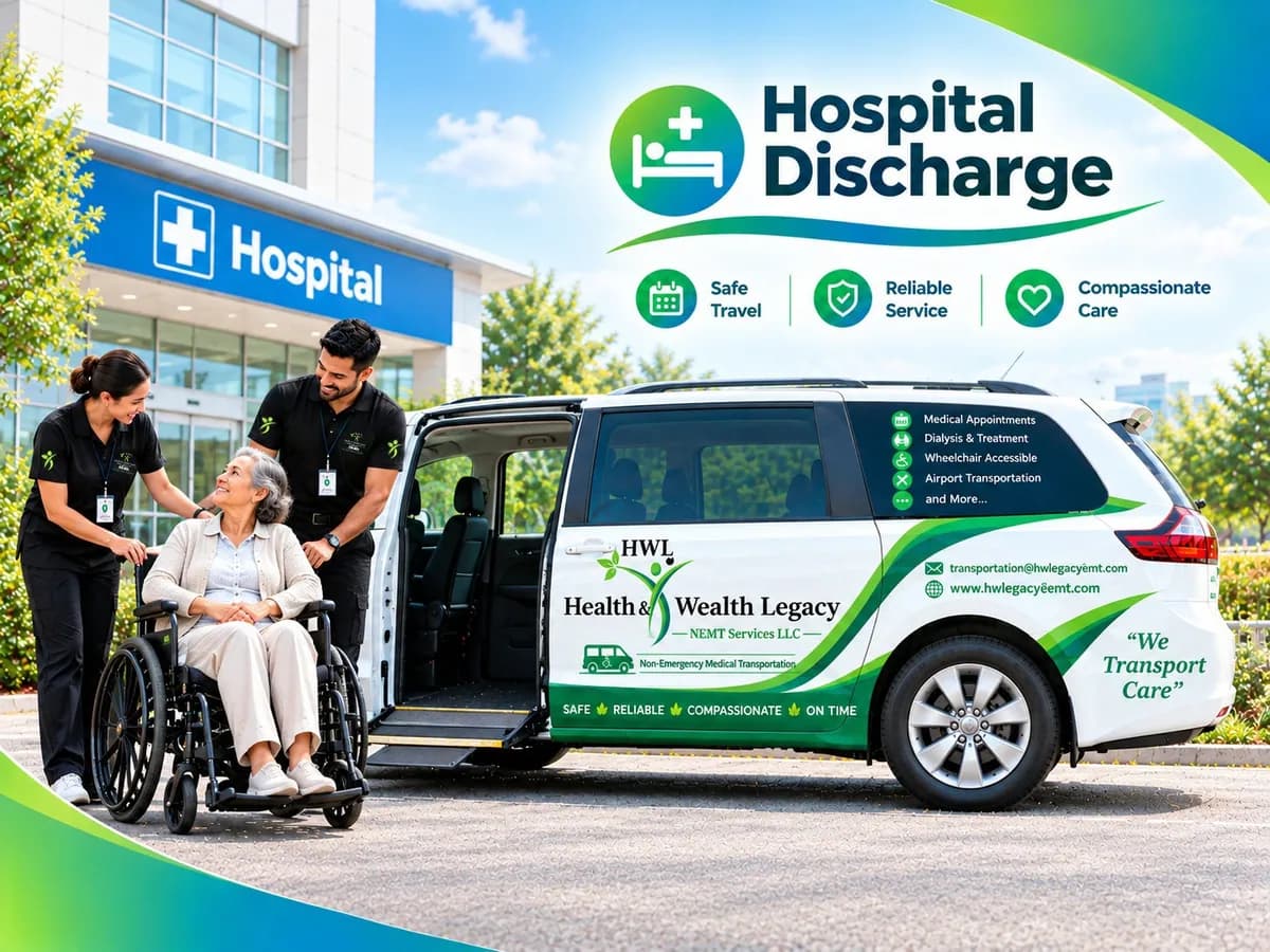 An attendant and a nurse wheeling a discharged patient to a waiting van at a hospital patient discharge entrance